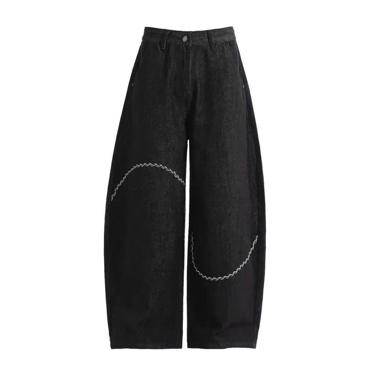 Black straight-leg denim trousers with a mid-waist and zip fly on a mannequin.