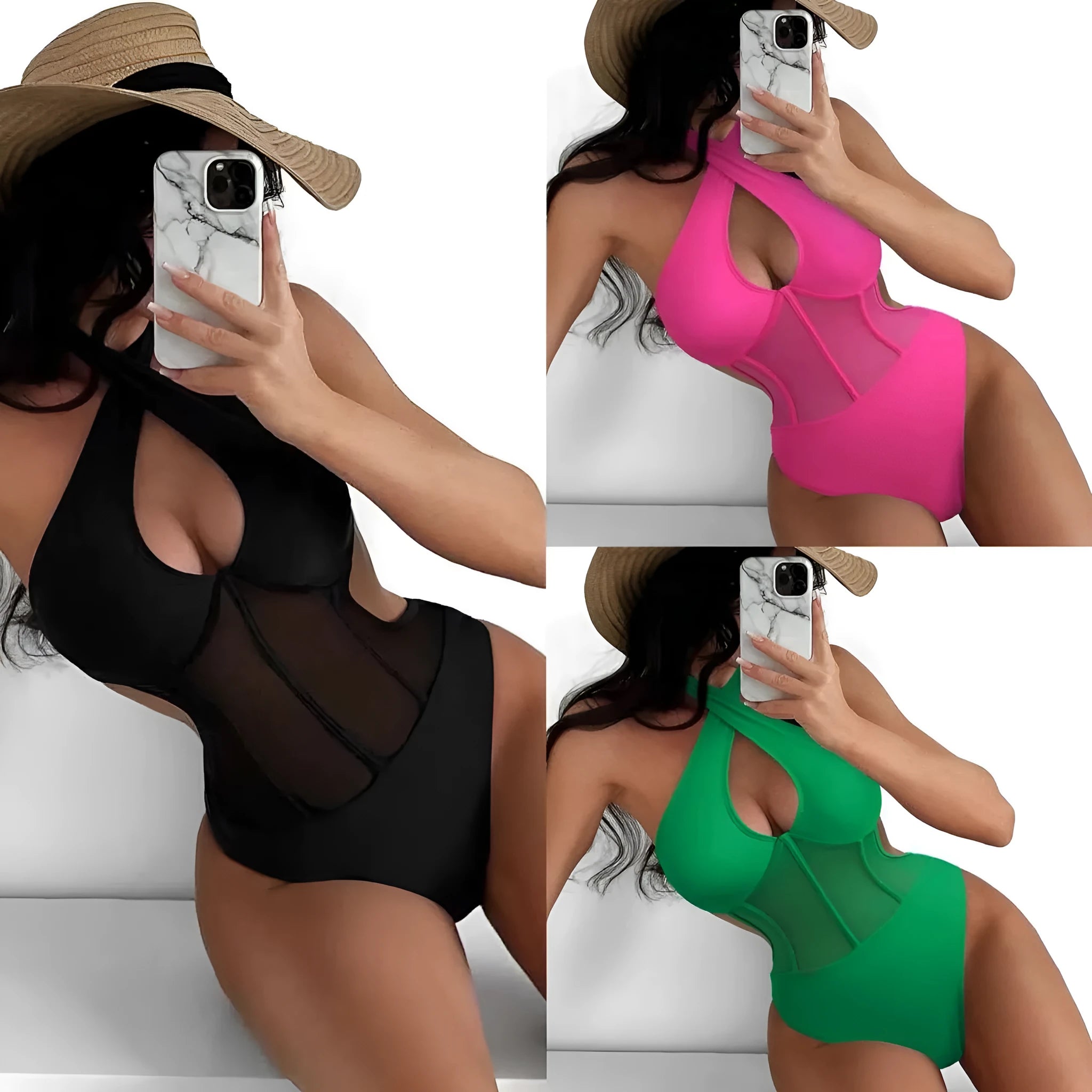 Women's black one-piece swimsuit bikini made from nylon and spandex fabric on a mannequin