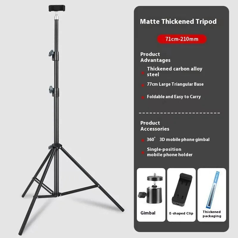 Tripod light stand with mobile phone holder showing adjustable height and frosted legs