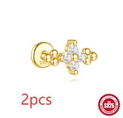 S925 sterling silver geometric moon and star earrings with embedded diamond detailing in gold tone finish