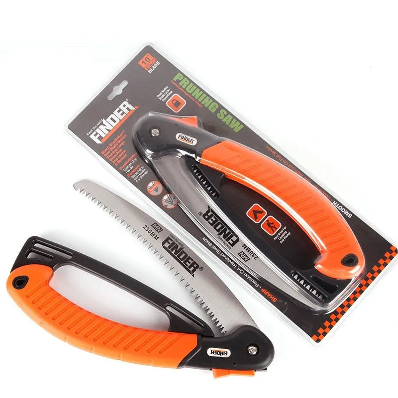 A folded and open 230mm garden trunk saw with a TPR grip and 65MN steel blade.