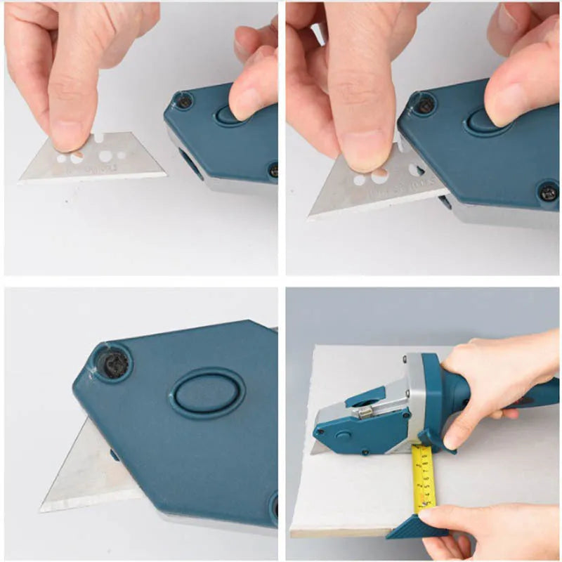 Blue multifunctional woodworking cutter with measurement scale and one-press lock mechanism