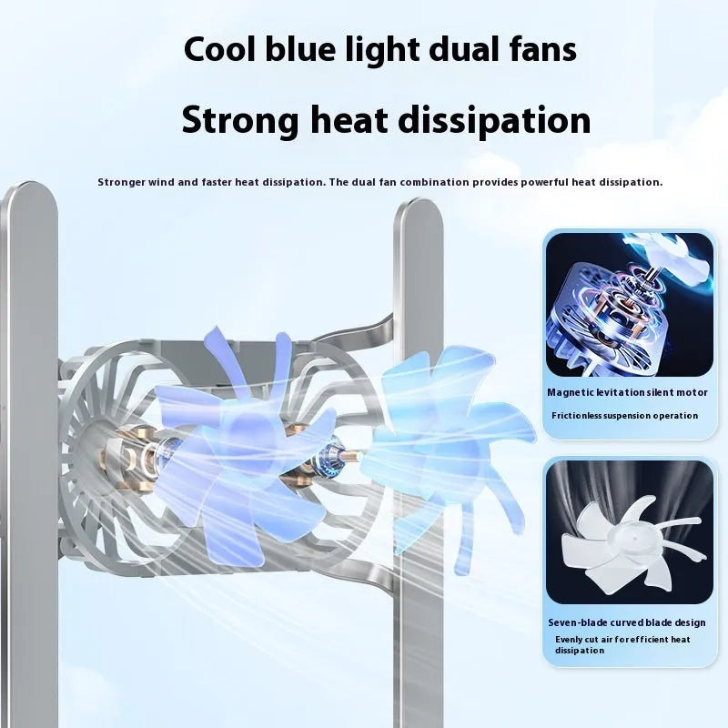Silver aluminium folding laptop stand with twin cooling fans and adjustable height mechanism