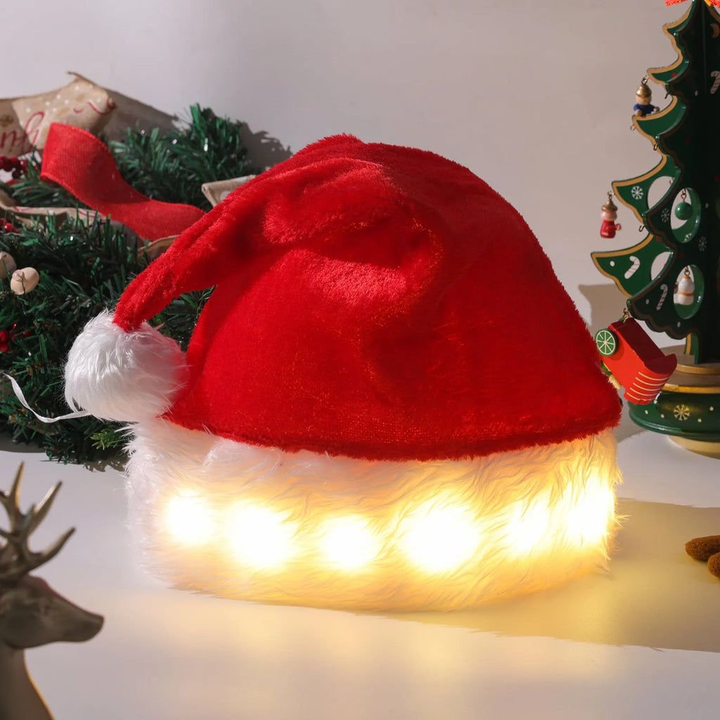 Red and white plush Santa hat with illuminated multi-colour LED lights around the base and a white pom-pom on top.