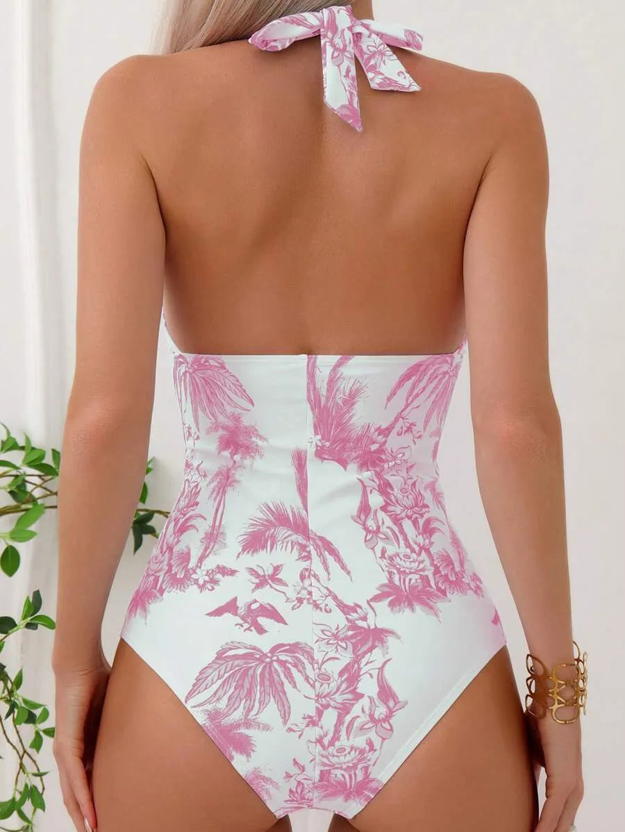 Women's printed V-neck one-piece swimsuit in polyester fabric, shown in one of seven available colours.