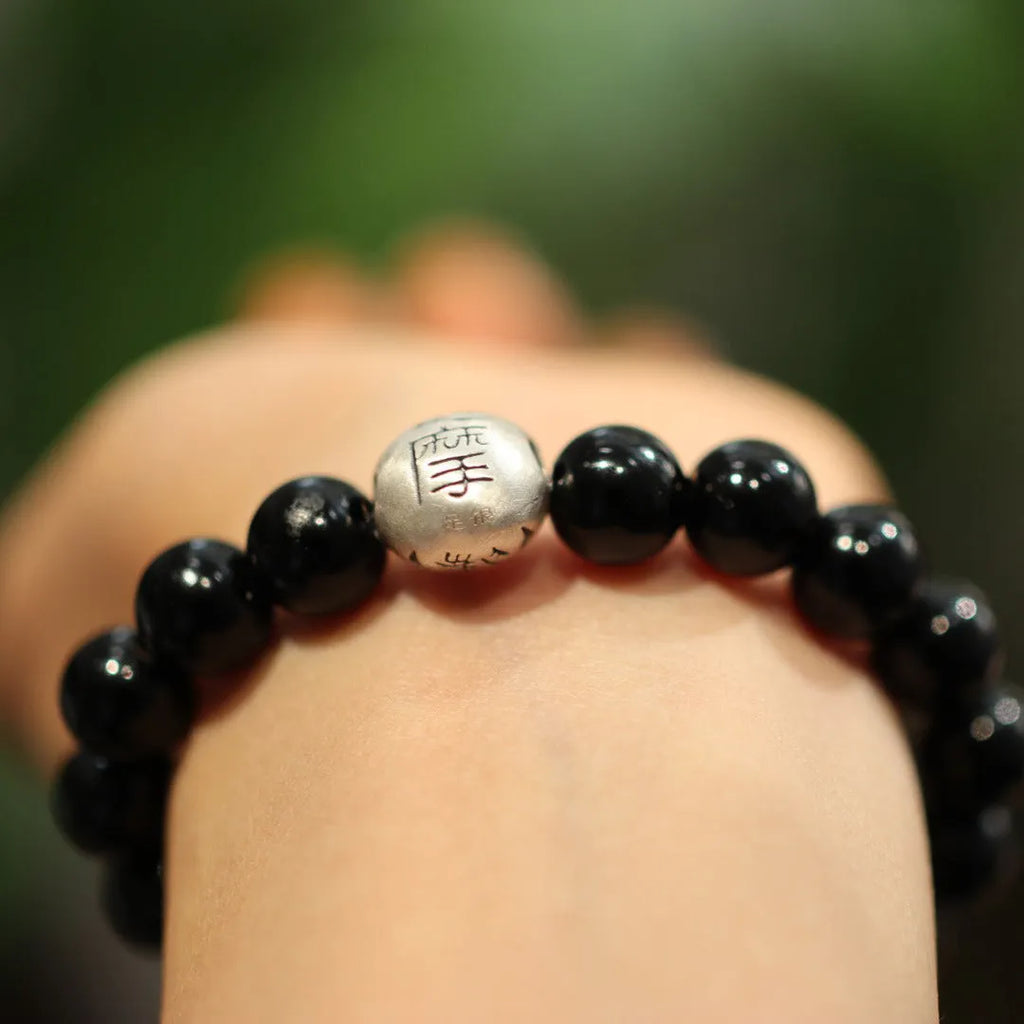 10mm black agate bracelet with sterling silver components in Chinese style design