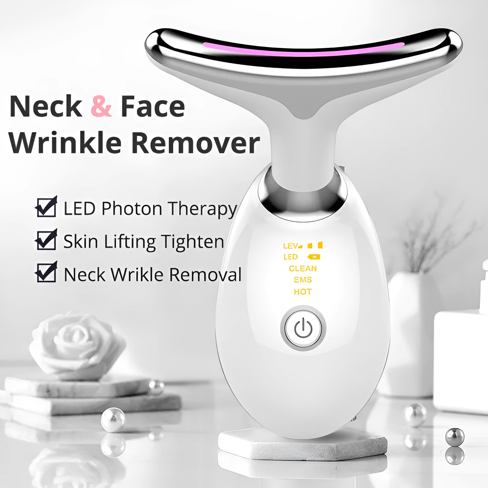 EMS thermal neck lifting massager device with LED lights on a white background.