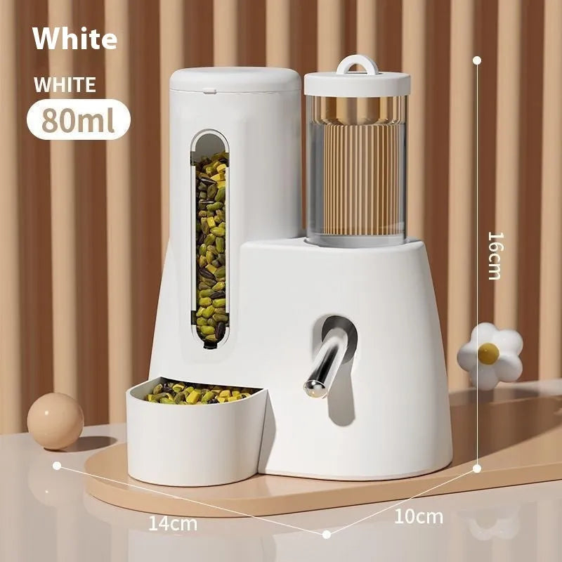 White plastic automatic water feeder with food basin for a hamster cage.