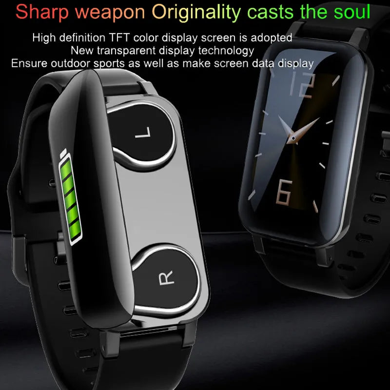 Call Bracelet smart wearable in black, blue, or coffee colour on a wrist, showing heart rate monitoring.