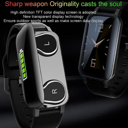 Call Bracelet smart wearable in black, blue, or coffee colour on a wrist, showing heart rate monitoring.