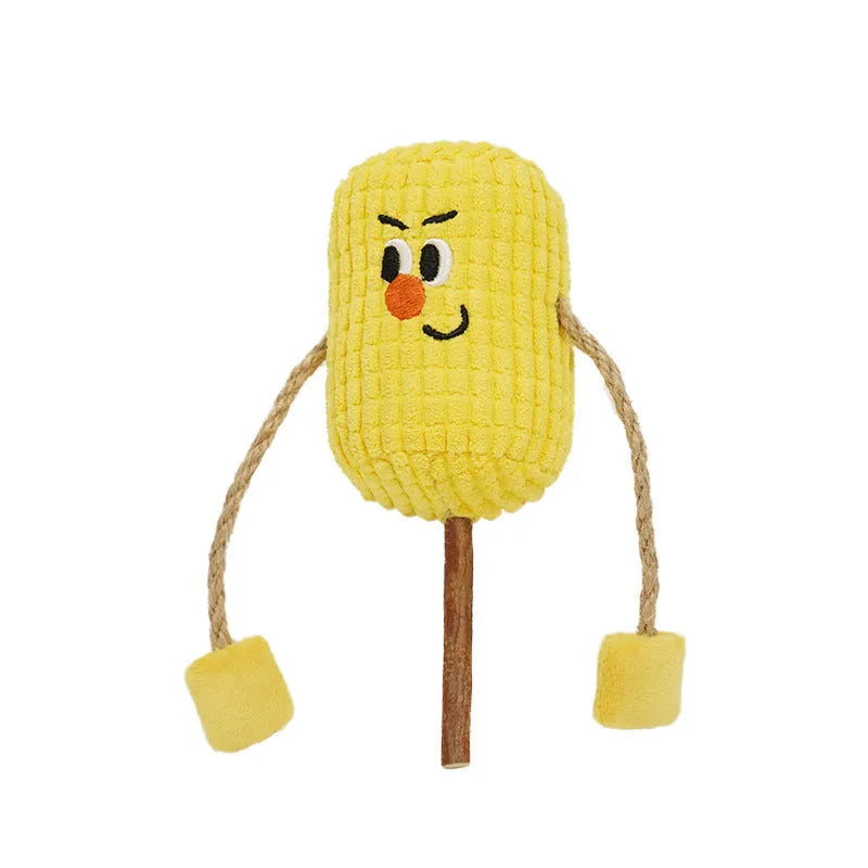 A corn cob shaped chew toy for cats made from polished beech wood, shown next to a tape measure indicating its 15cm length.
