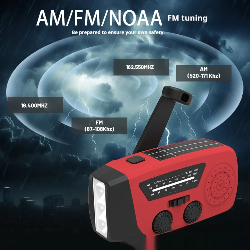 Red rechargeable hand radio torch with wrist strap and USB charging interface