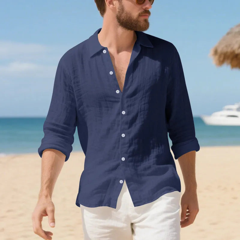 Linen American-style casual shirt in loose fit with non-ironing process