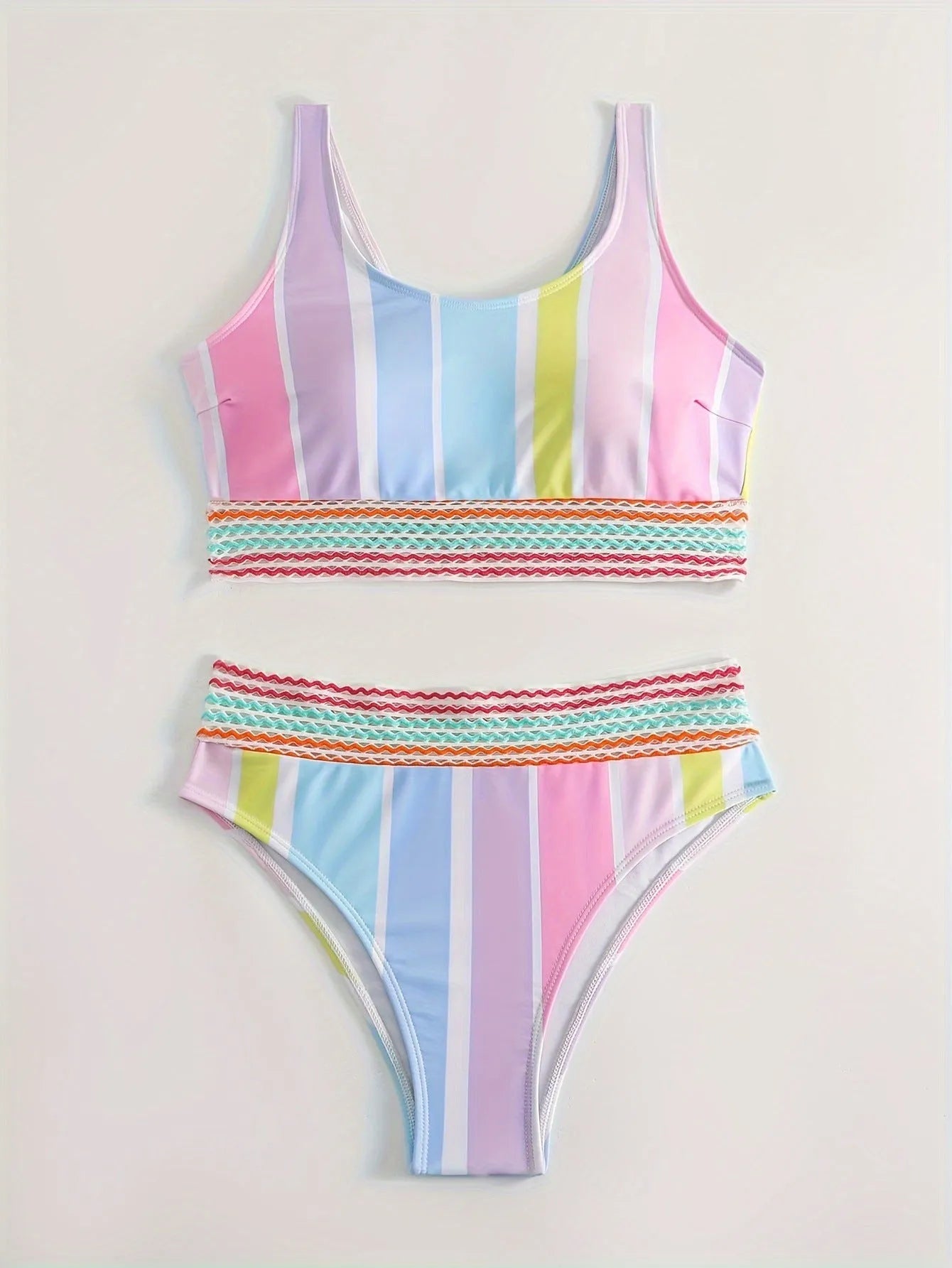 Women's striped sport bikini set with briefs style bottoms and coordinating top