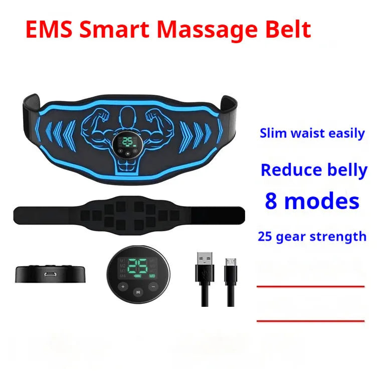 Blue and orange EMS smart massage belt with host unit, main belt, and arm stickers