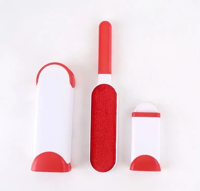 Blue reusable pet hair removal comb with a double-sided sticky brush and self-cleaning base.