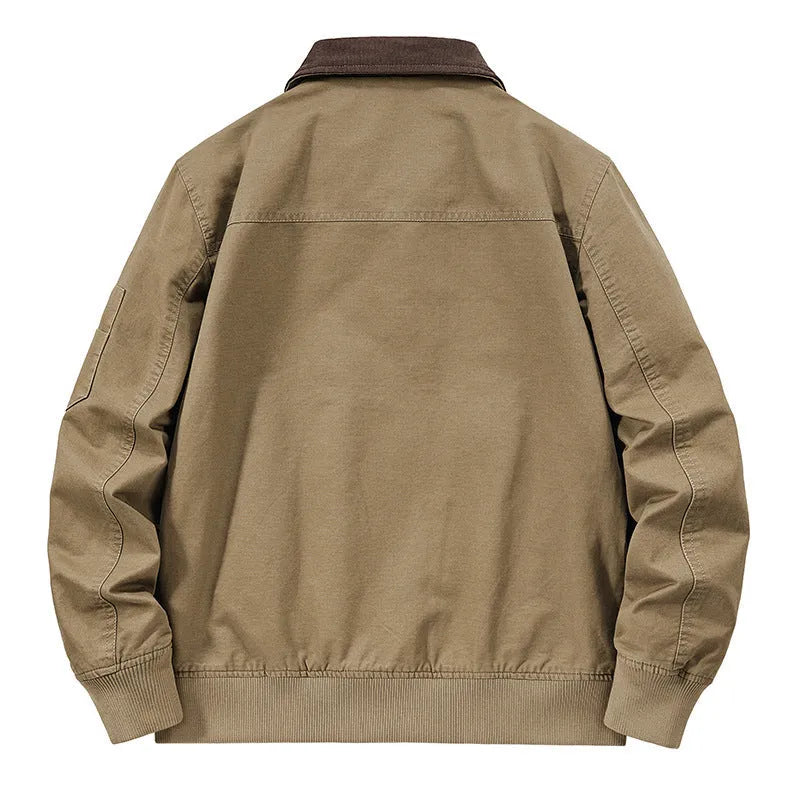 Men's washed cotton baseball flight jacket in Army Green colour on a hanger
