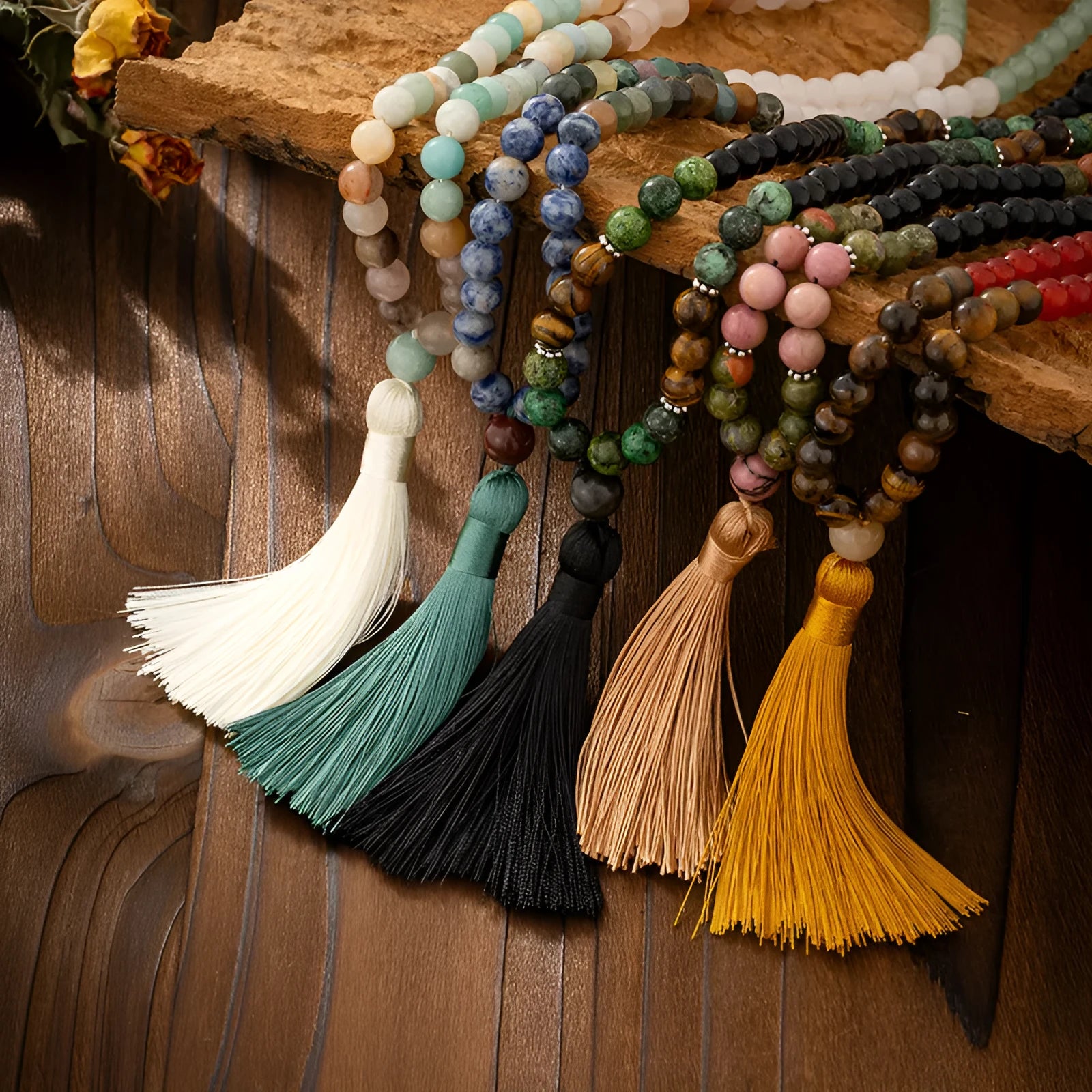 Vintage bohemian style beaded sweater chain with tassel detail and matching bracelet