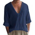 Men's long sleeve V-neck t-shirt in washed cotton solid colour.