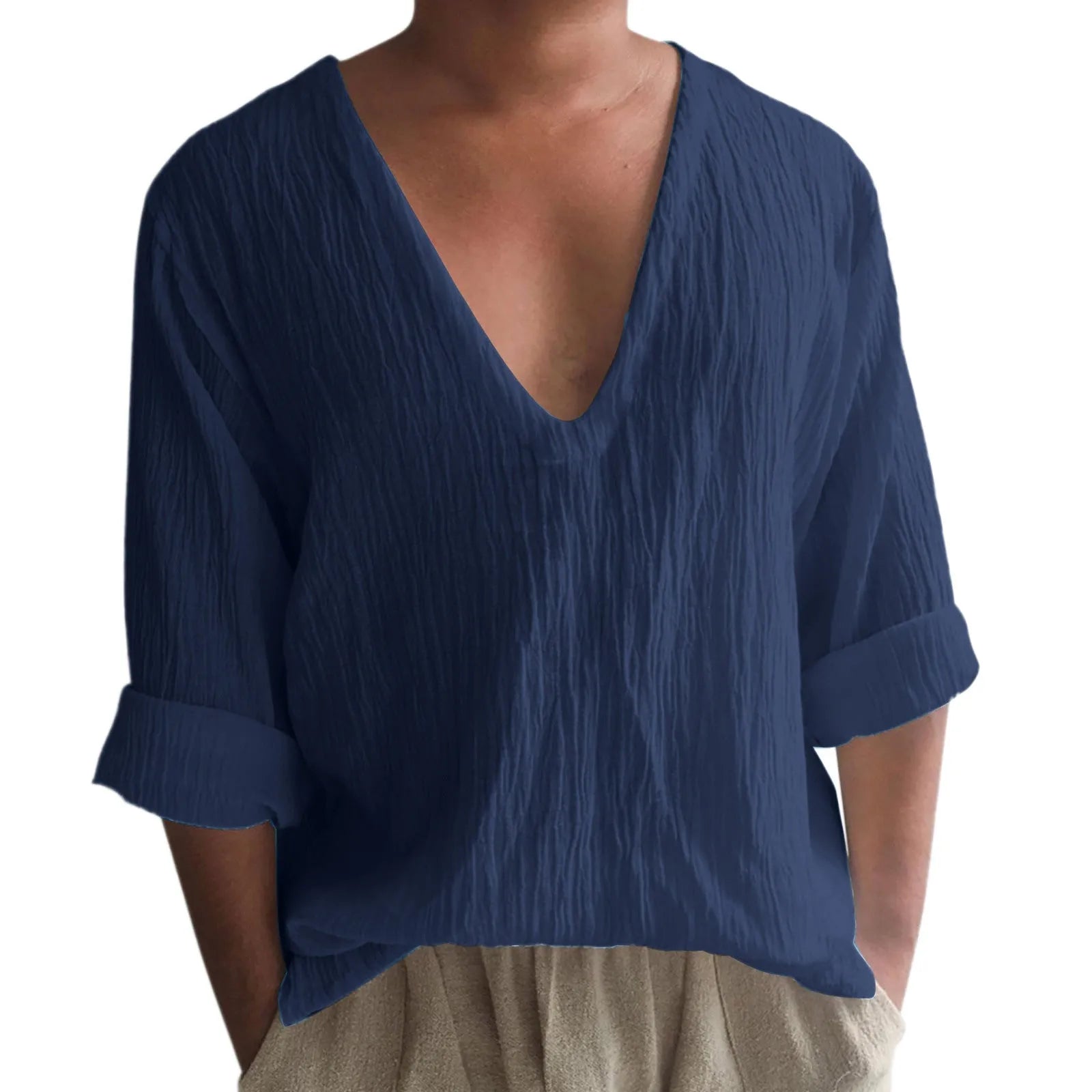 Men's long sleeve V-neck t-shirt in washed cotton solid colour.