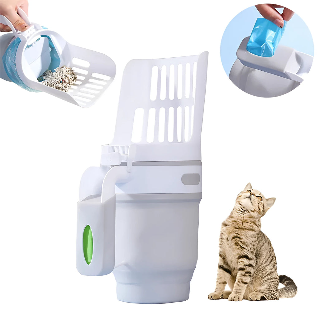 Grey cat litter scoop with waste collection bin showing foldable bottom design