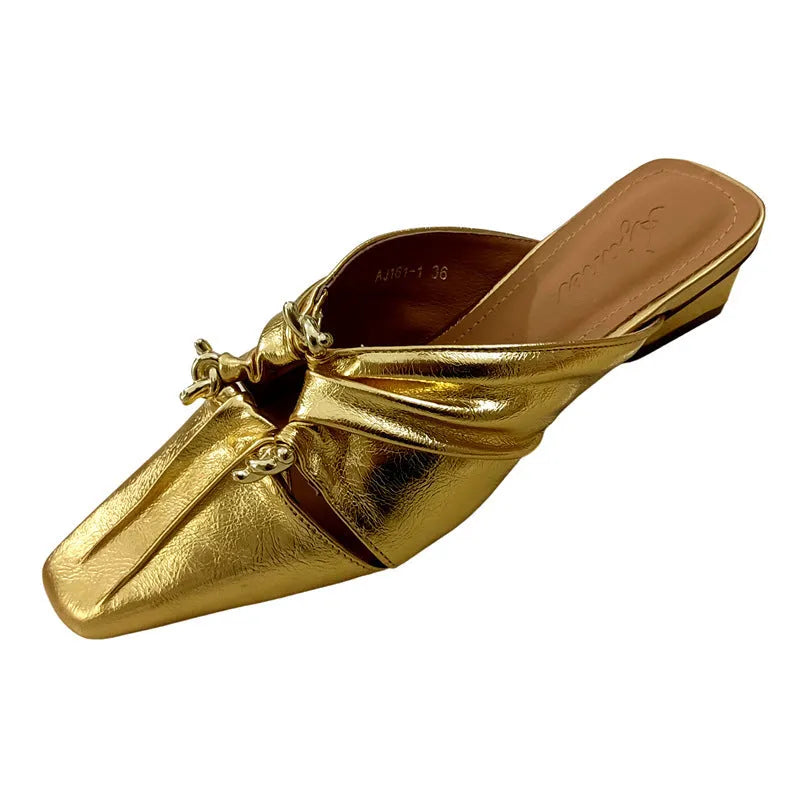 Women's genuine leather half toe cap slippers in silver with square toe and low TPR sole.