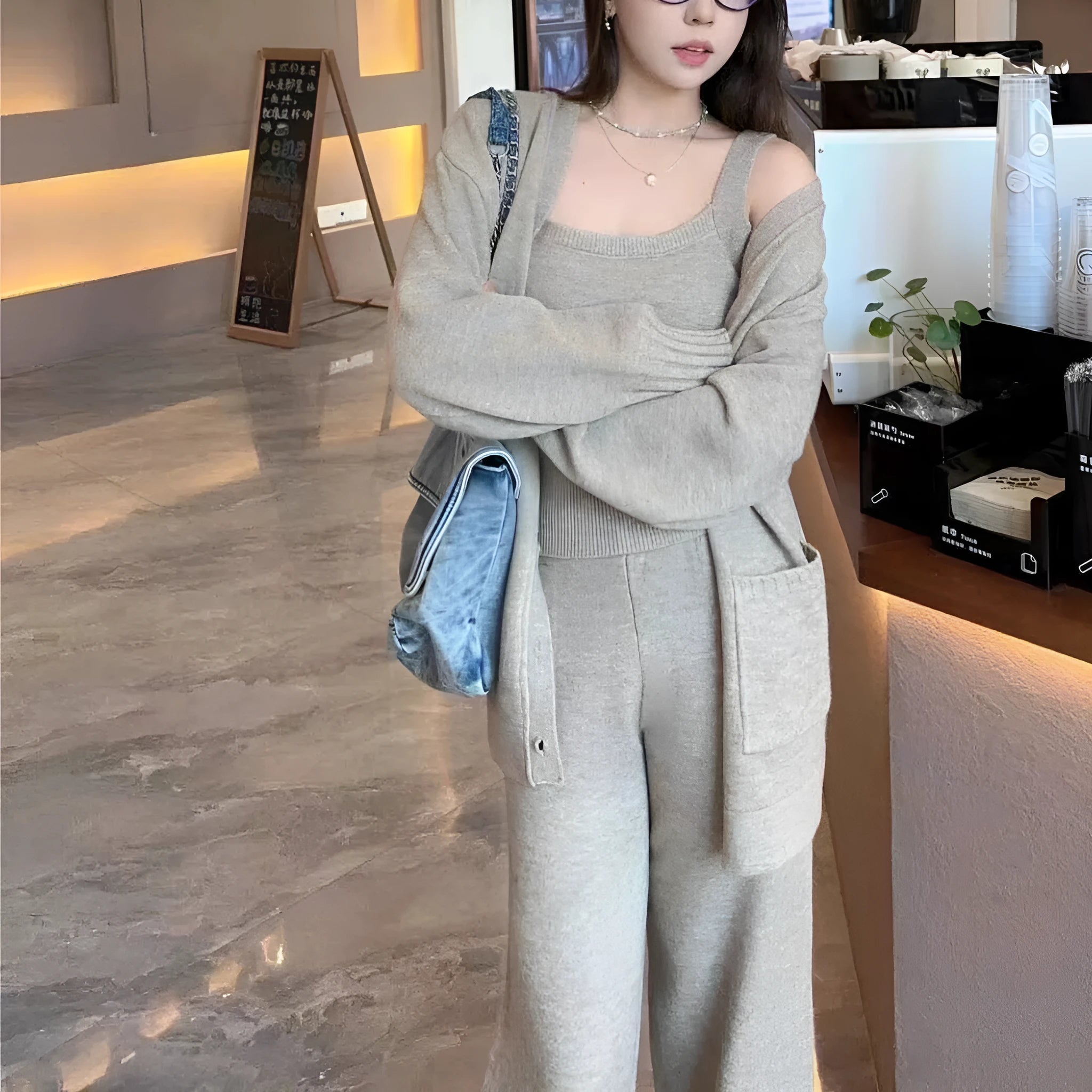 Women's knit cardigan suspender pants three-piece set in thick wool blend fabric