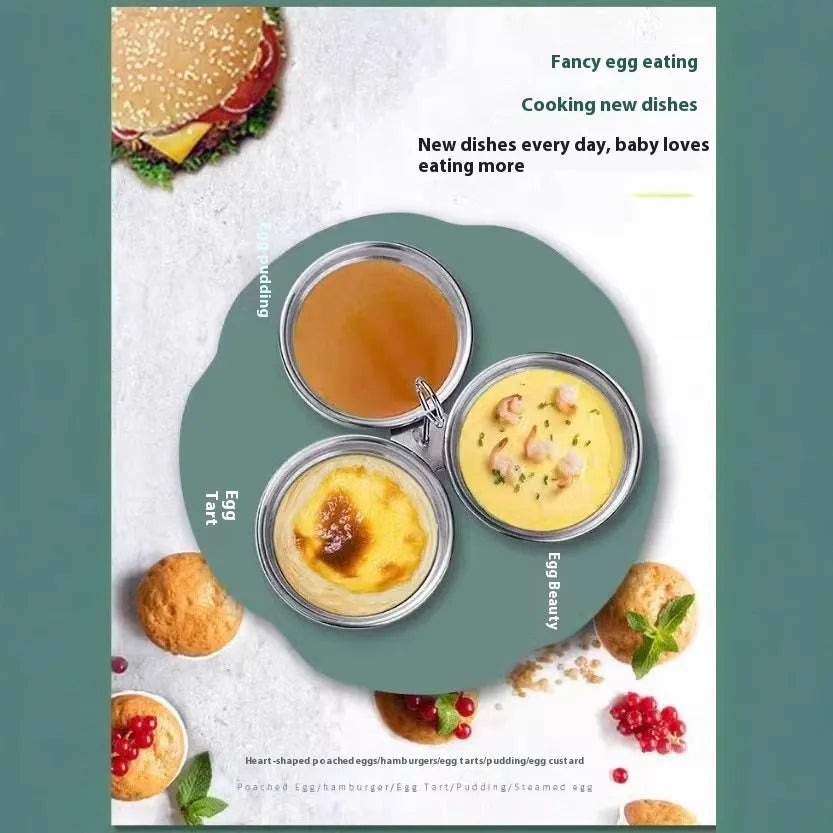 Mini stainless steel egg steamer in heart-shaped design with compact kitchen appliance dimensions