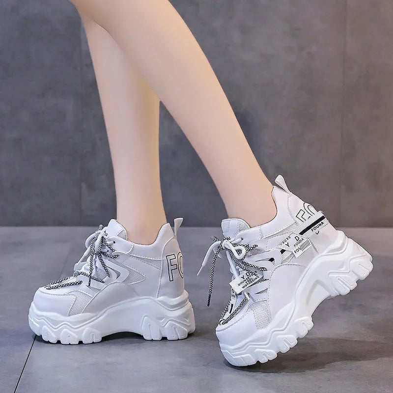 Women's white breathable mesh platform sports shoes with cross strap and rubber sole