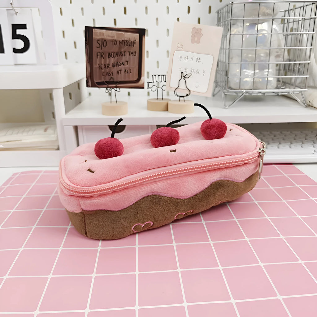 Cherry cake design velvet plush pencil bag in Korean style for pen and pencil storage