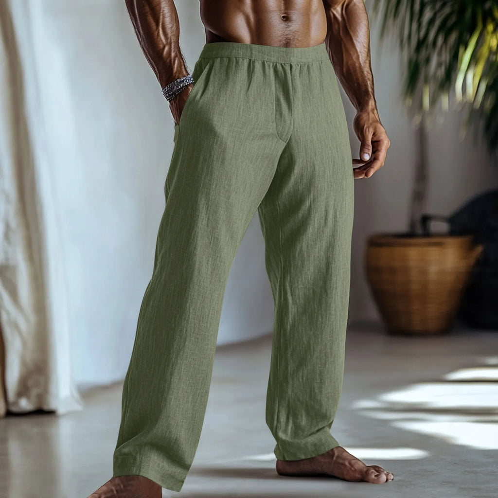 Men's straight leg casual trousers in light green cotton and linen fabric with visible pockets