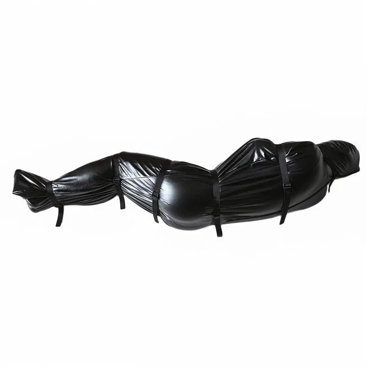 Black patent leather bondage set with leak nostril clothing and six ratchet tie down straps