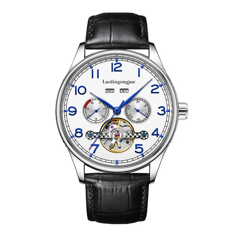 Men's stainless steel mechanical watch with leather strap and sapphire crystal glass