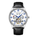 Men's stainless steel mechanical watch with leather strap and sapphire crystal glass