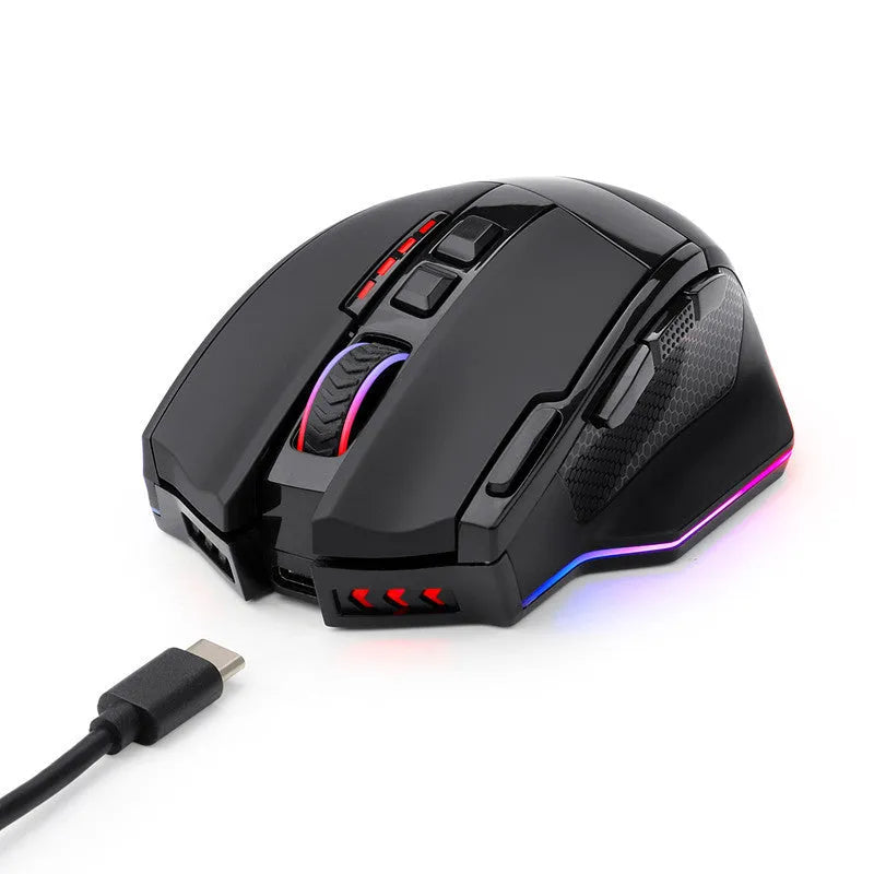 Redragon M801P black gaming mouse showing dual mode connectivity and nine programmable buttons