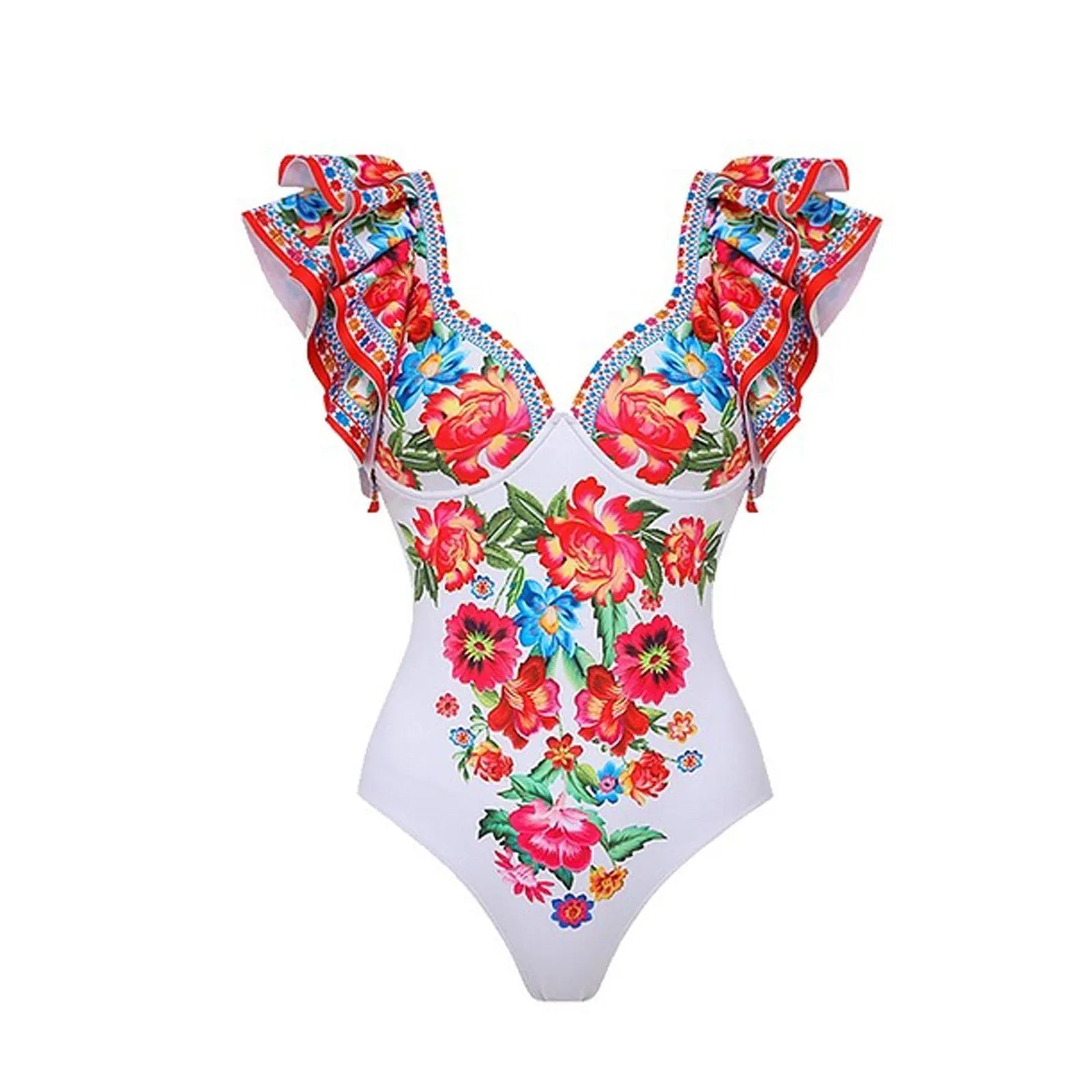 Women's printed one-piece swimsuit in polyester fabric available in multiple colours and sizes