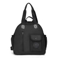 Large lightweight outdoor backpack in black, khaki, or green with rabbit print, showing front sandwich pocket.