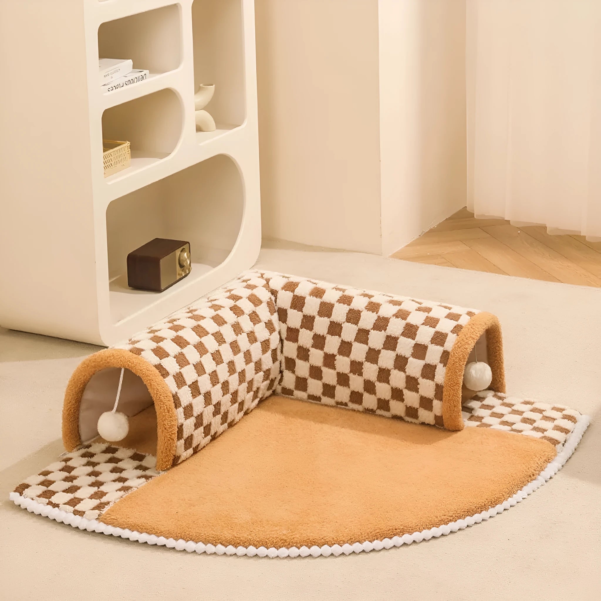 XL sized fan-shaped plush pet bed with a tunnel entrance and a thick sleeping mat, in a coffee colour with an anti-slip granular base.
