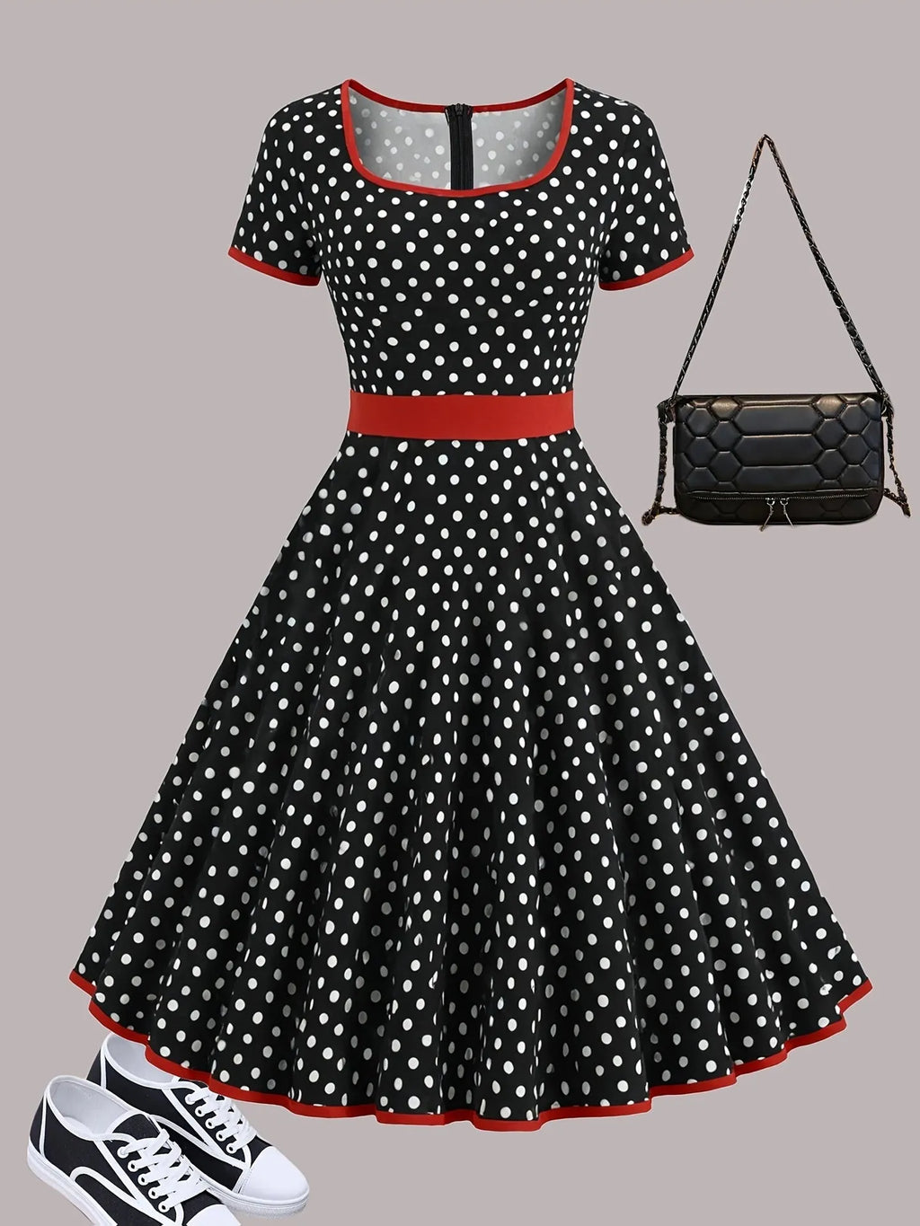 Multicolour polka dot pleated dress with square collar, short sleeves, and a zipper.