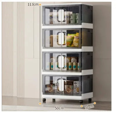 Foldable household storage locker with wheels in white colour with multiple storage layers