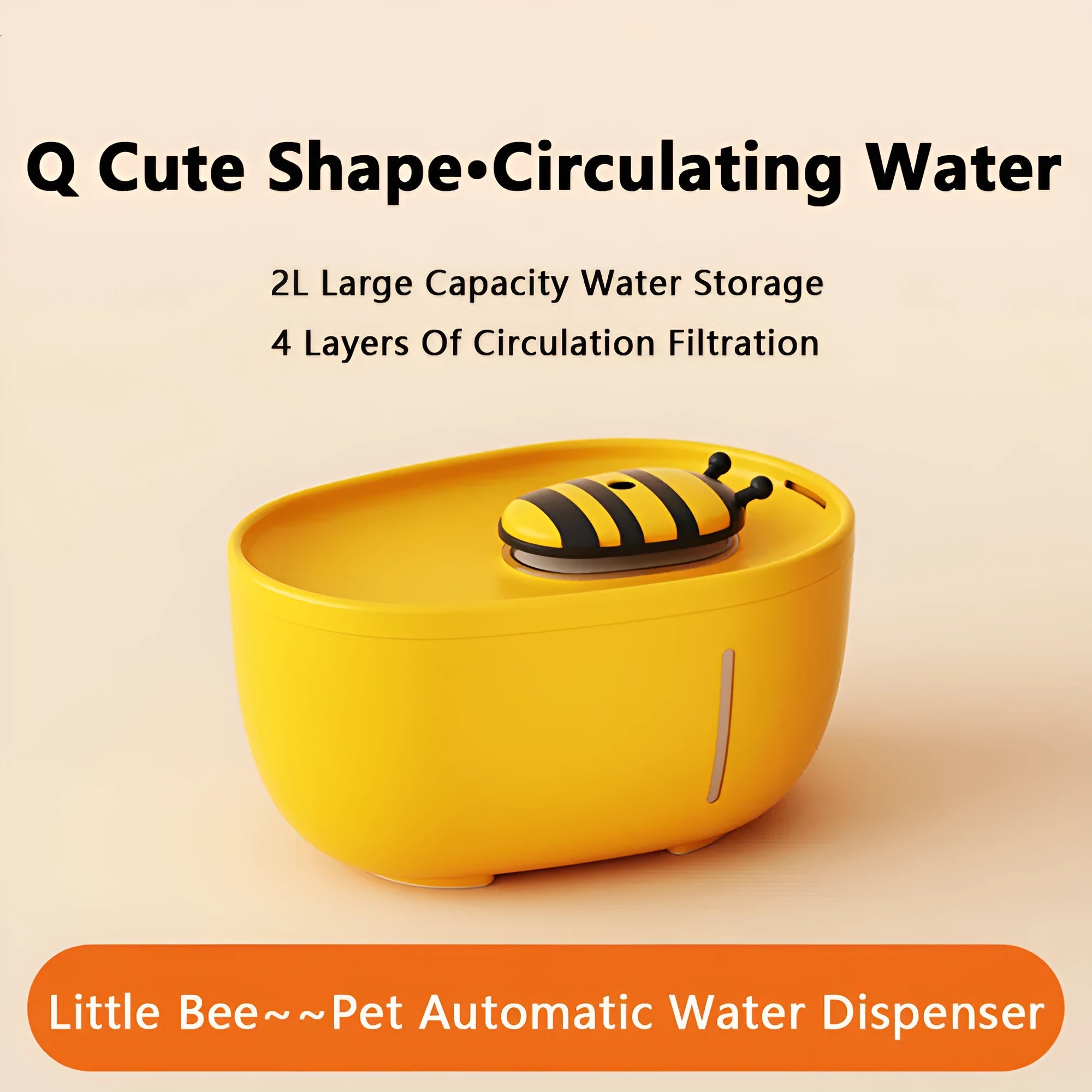 Yellow cat water fountain with filtration system and USB power cable