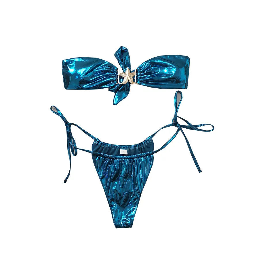 Women's glossy sapphire blue tube top split bikini swimsuit with brief style.