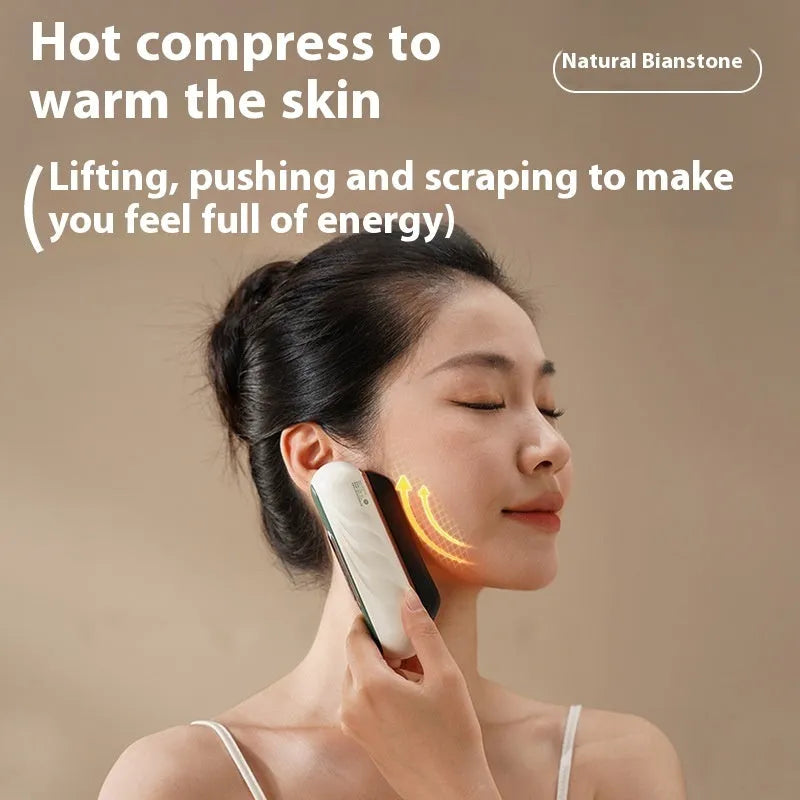 Electric scrapping plate device with USB charging cable for skin meridian therapy with hot compress and vibration massage