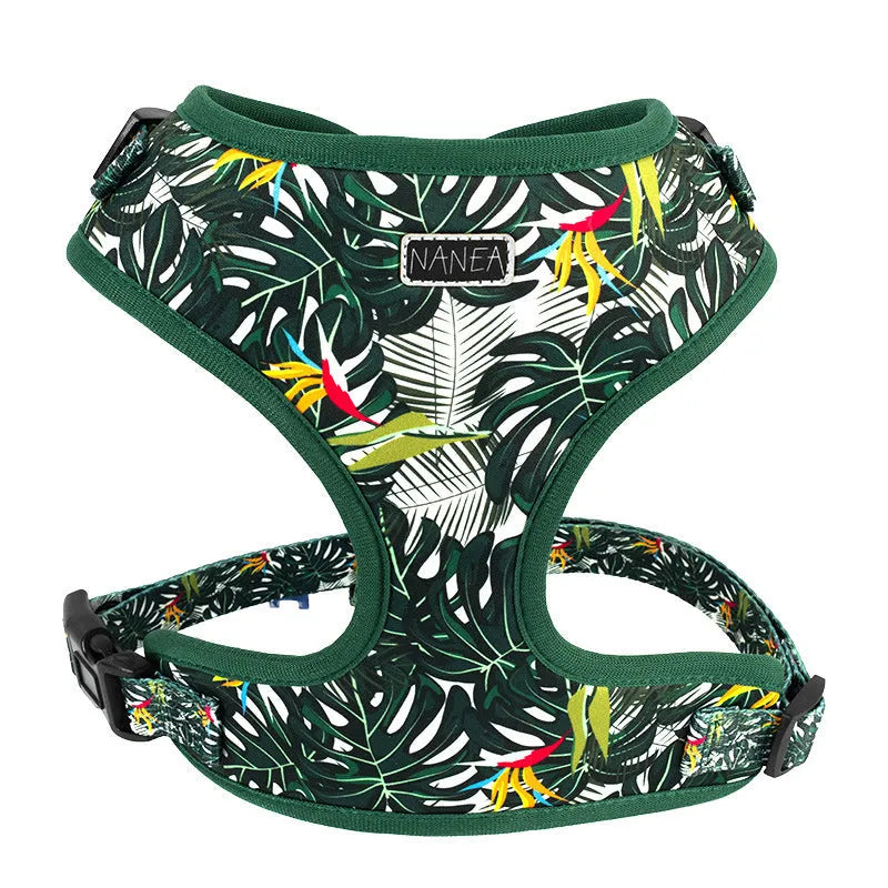 Six-piece adjustable cloth dog harness set with leash, collar, waste bag, bow, and bib scarf in assorted colours.