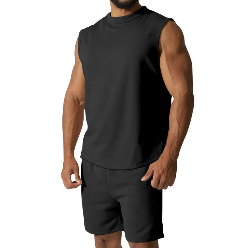Men's sleeveless sports suit set in cotton blend fabric with matching shorts