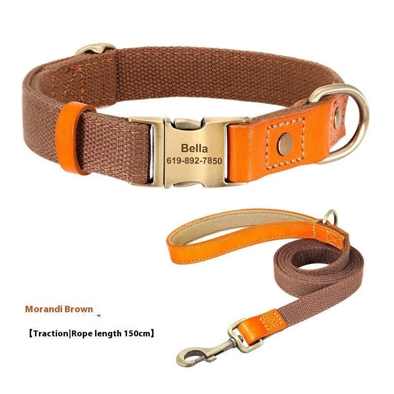 Small dog mohair collar and traction rope set in Mo Landi green with lettering