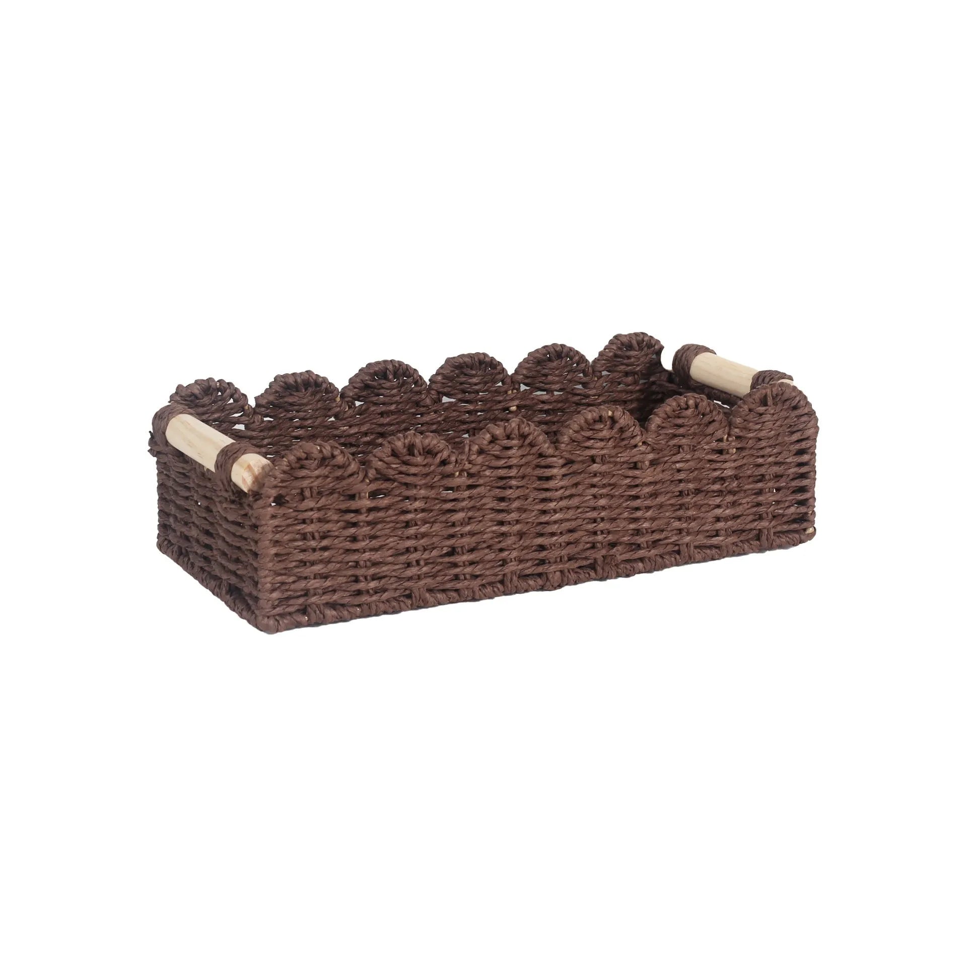 Rectangular woven paper storage basket in a choice of colours on a wooden table.