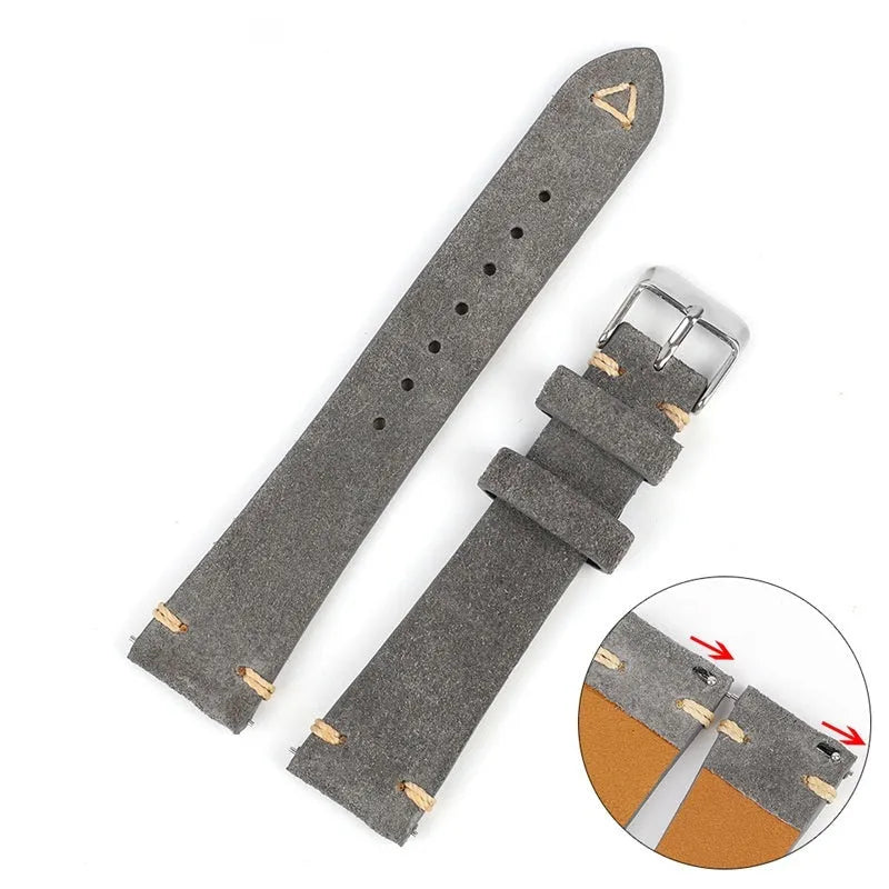 Brown genuine suede leather watch strap with small waist design on a wrist.