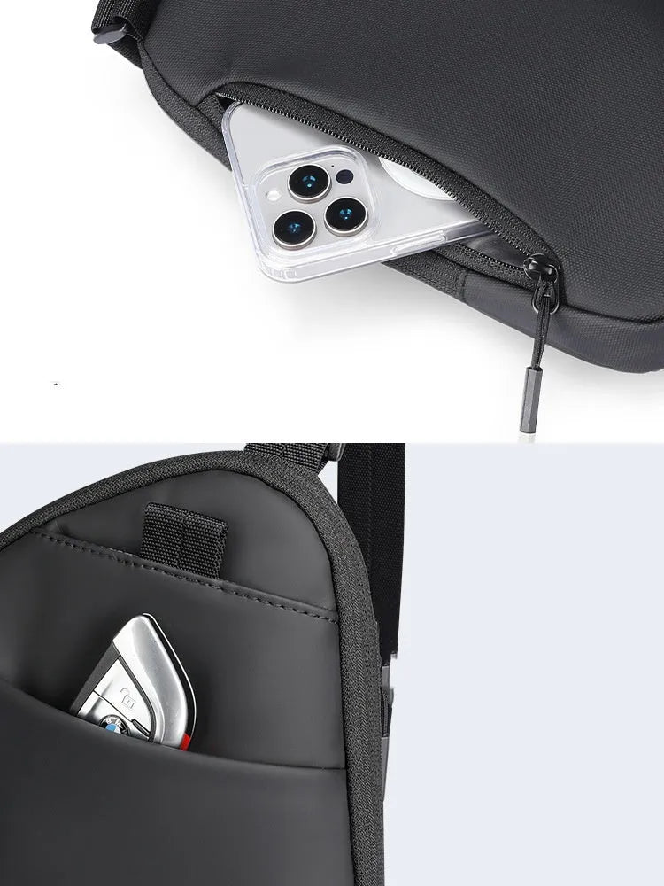 Men's elegant black lightweight Oxford cloth crossbody bag with reinforced stitching