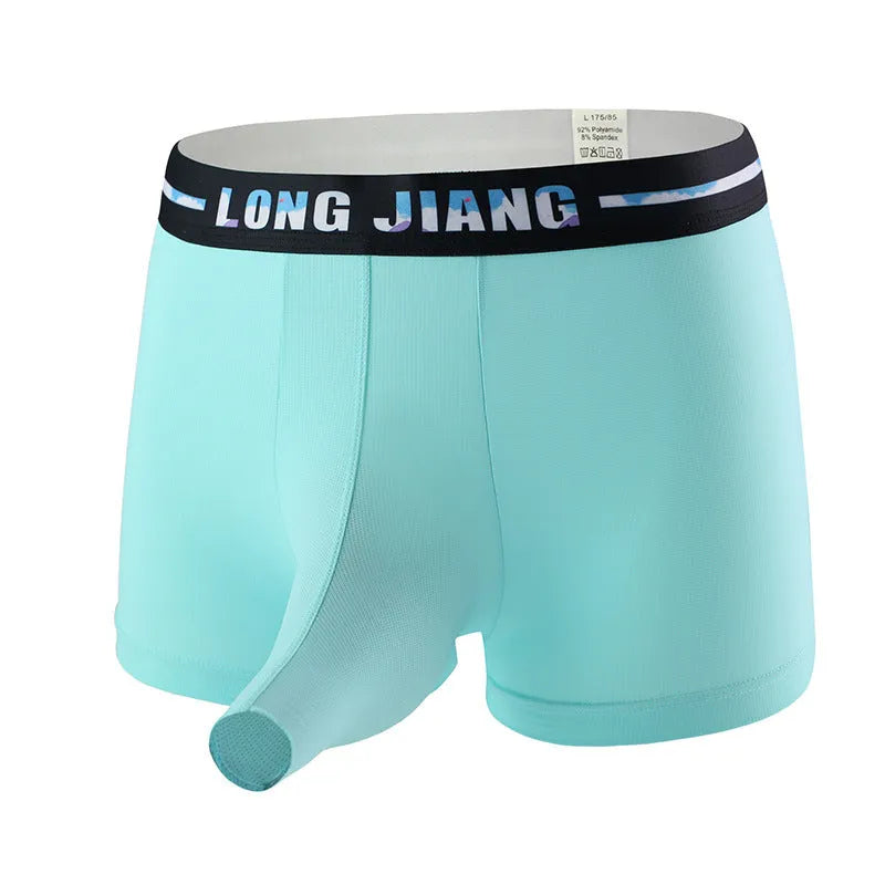 Men's ice silk boxers in solid colours showing mid-waist design and thin fabric texture